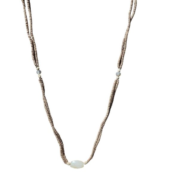 Handmade Boho Wooden Beaded Agate Centerpiece Necklace Earthy Natural Jewelry - Picture 2 of 7